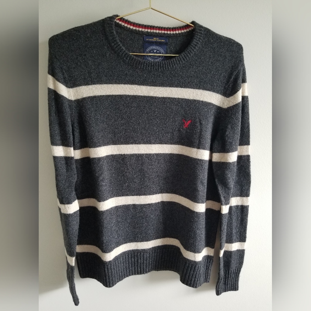 Mens gray and tan stripe American Eagle sweater